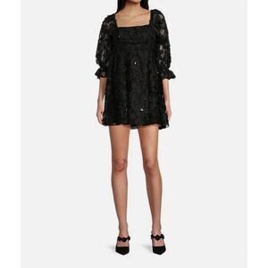 Charmed Hearts Black 3D Floral‎ Babydoll Dress Medium Puff Sleeve Romantic Goth